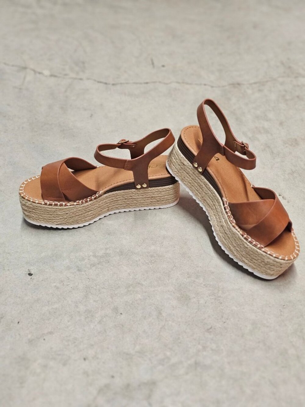 Tan Platform Espadrille Sandals With Buckle Strap Crisscross Upper & White Sole - Picture 9 of 16